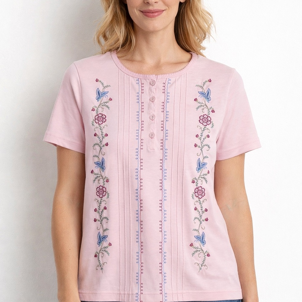 Imperfect vintage embroidered pink floral top feminine granny cottagecore spring - Picture 2 of 9